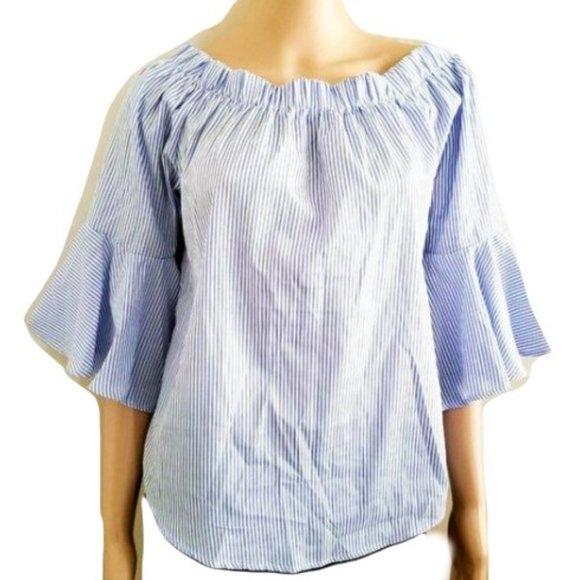 Kontrol Contemporary Blue & White Stripe Off-Shoulder 3/4 Sleeve Blouse Medium - Picture 4 of 13